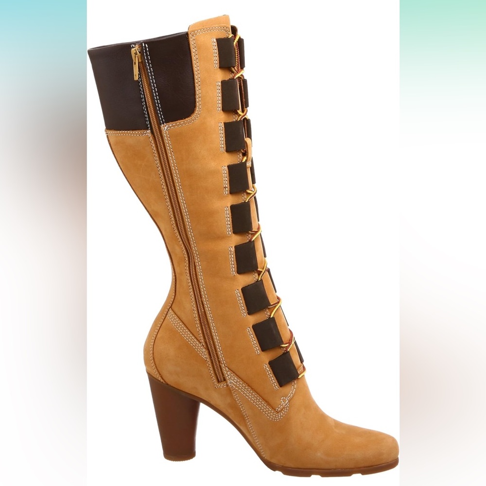Timberland Lace Premium 14" Rounded Heel, Wheat Nubuck Knee High Boots 8